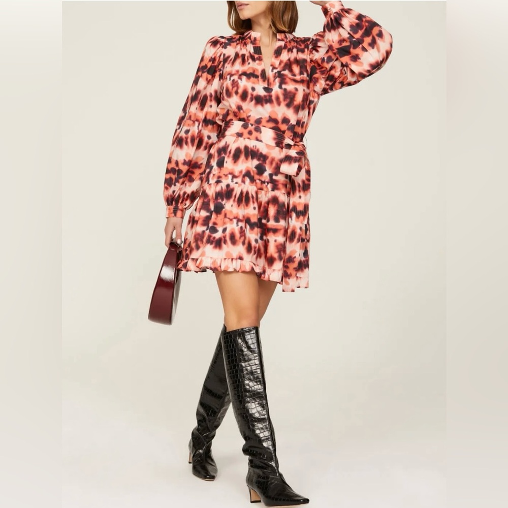 XL Marie Oliver-Nella Napa dye red+cream mini dress with puff sleeves.Size XL